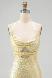 Halter Beaded Bodycon Yellow Mini Homecoming Dress With Pearls