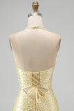 Halter Beaded Bodycon Yellow Mini Homecoming Dress With Pearls