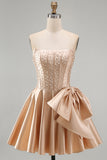 Strapless Corset Champagne A Line Satin Homecoming Dress With Pearls
