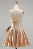 Strapless Corset Champagne A Line Satin Homecoming Dress With Pearls