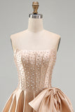 Strapless Corset Champagne A Line Satin Homecoming Dress With Pearls