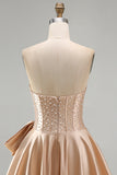 Strapless Corset Champagne A Line Satin Homecoming Dress With Pearls
