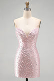 Pink Beaded Bodycon Spaghetti Straps Mini Homecoming Dress