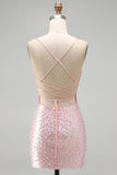Pink Beaded Bodycon Spaghetti Straps Mini Homecoming Dress