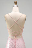 Pink Beaded Bodycon Spaghetti Straps Mini Homecoming Dress