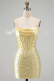 Off The Shoulder Corset Beaded Bodycon Yellow Mini Homecoming Dress