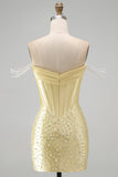 Off The Shoulder Corset Beaded Bodycon Yellow Mini Homecoming Dress