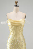 Off The Shoulder Corset Beaded Bodycon Yellow Mini Homecoming Dress