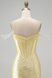 Off The Shoulder Corset Beaded Bodycon Yellow Mini Homecoming Dress