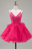 Sparkly A Line Hot Pink V-Neck Mini Homecoming Dress