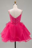 Sparkly A Line Hot Pink V-Neck Mini Homecoming Dress