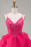 Sparkly A Line Hot Pink V-Neck Mini Homecoming Dress