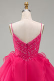 Sparkly A Line Hot Pink V-Neck Mini Homecoming Dress