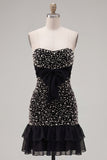 Strapless Beaded Black A Line Homecoming Dress With Bow
