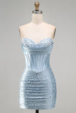 Strapless Corset Beaded Bodycon Grey Blue Ruched Mini Homecoming Dress