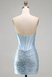 Strapless Corset Beaded Bodycon Grey Blue Ruched Mini Homecoming Dress