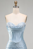 Strapless Corset Beaded Bodycon Grey Blue Ruched Mini Homecoming Dress