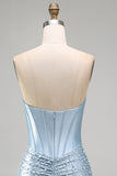 Strapless Corset Beaded Bodycon Grey Blue Ruched Mini Homecoming Dress