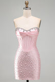 Corset Strapless Pink Sparkly Bodycon Mini Homecoming Dress