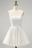 Strapless Sparkly White A Line Mini Homecoming Dress With Pearls