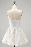 Strapless Sparkly White A Line Mini Homecoming Dress With Pearls