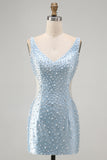 V-Neck Beaded Bodycon Blue Mini Homecoming Dress With Pearls