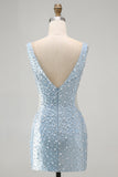 V-Neck Beaded Bodycon Blue Mini Homecoming Dress With Pearls
