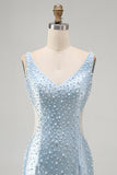 V-Neck Beaded Bodycon Blue Mini Homecoming Dress With Pearls