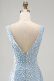 V-Neck Beaded Bodycon Blue Mini Homecoming Dress With Pearls