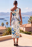 White One Shoulder Floral Bodycon Wedding Guest Dress