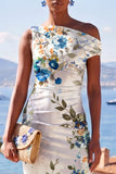 White One Shoulder Floral Bodycon Wedding Guest Dress