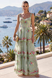 Green V-Neck Sparkly Floral A Line Wedding Guest Dress