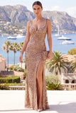 V-Neck Mermaid Sparkly Champagne Wedding Guest Dress With Slit