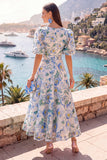 A Line Blue Floral Wedding Guest Dress With Puff Sleeves
