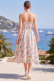 Strapless Blue Print A Line Corset Wedding Guest Dress