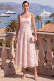 Square Neck Green Floral A Line Beaded Wedding Guest Dress