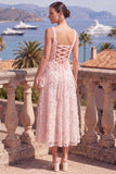 Square Neck Green Floral A Line Beaded Wedding Guest Dress