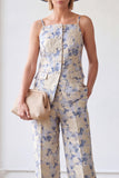 Spaghetti Straps Jacquard 2 Piece Blue Floral Women's Suits