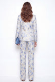 Peaked Lapel Blue Floral Jacquard 2 Piece Women's Suits