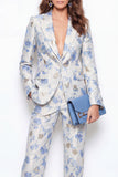 Peaked Lapel Blue Floral Jacquard 2 Piece Women's Suits