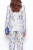Peaked Lapel Blue Floral Jacquard 2 Piece Women's Suits