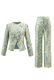 Round Neck Brocade Yellow Floral 2 Piece Women Suits
