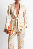 Shawl Lapel 2 Piece Champagne Floral Women's Suits with Belt