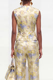 V Neck Brocade Yellow Floral 2 Piece Women Suits