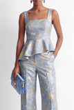 Square Neck Grey Blue Floral 2 Piece Women's Suits