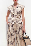 Champagne One Button Black Floral Peaked Lapel 2 Piece Women Suits with Belt
