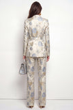 Grey Blue Floral Double Breasted 2 Piece Peak Lapel Satin Women Suits with Belt