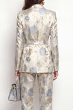 Grey Blue Floral Double Breasted 2 Piece Peak Lapel Satin Women Suits with Belt
