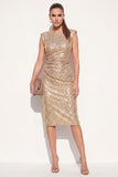 Sparkly Round Neck Golden Bodycon Sequins Midi Work Dress with Slit