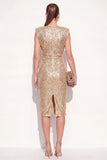 Sparkly Round Neck Golden Bodycon Sequins Midi Work Dress with Slit